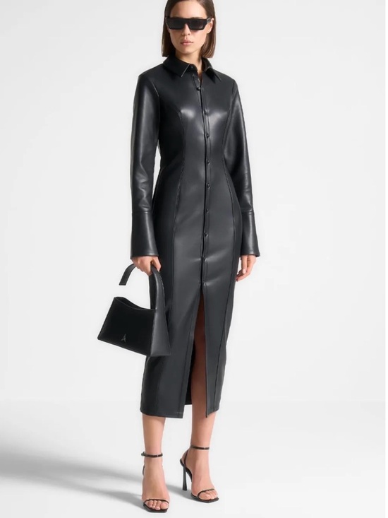 Maniere De Voir Dresses & Skirts - Maniere De Voir Black Faux Leather Midaxi Dress with Front Slit